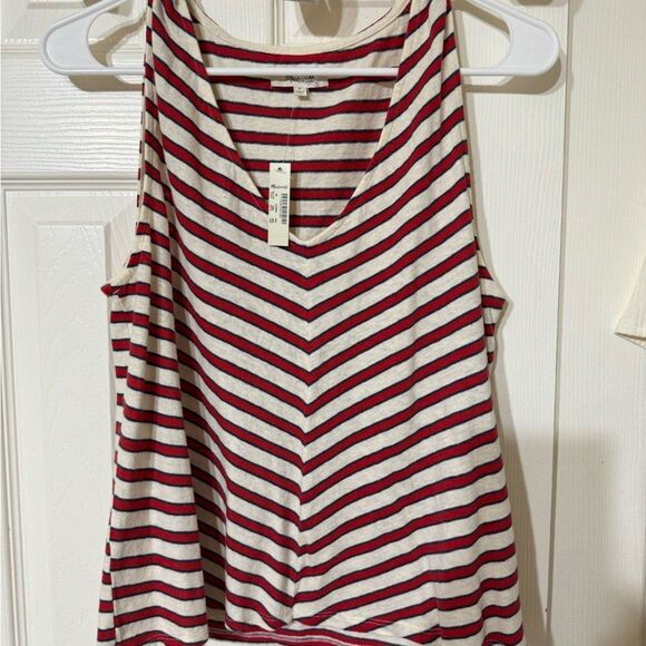NWT Madewell womens Blouse Top Pullover V neck Linen Stripe Chevron Red-M - Picture 1 of 3